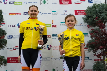 Die Geraerinnen Lotte Lorenz und Pia Naundorf im Gelben Trikot der Ostth�ringen Tour 2025.
